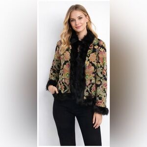 Vintage 1970s Tapestry Jacket 100% Silk Jacket with Real Fur Collar Size S